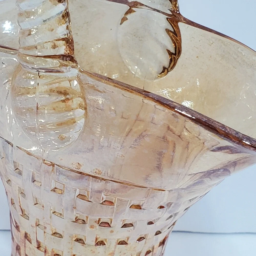 Vintage Imperial Marigold Iridescent Glass Basketweave Basket Amber Rope Handle